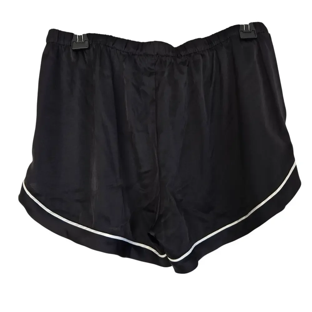 Satin Chic Pajama Set BLK/White Piping Button‑Up Top & Drawstring Shorts Medium